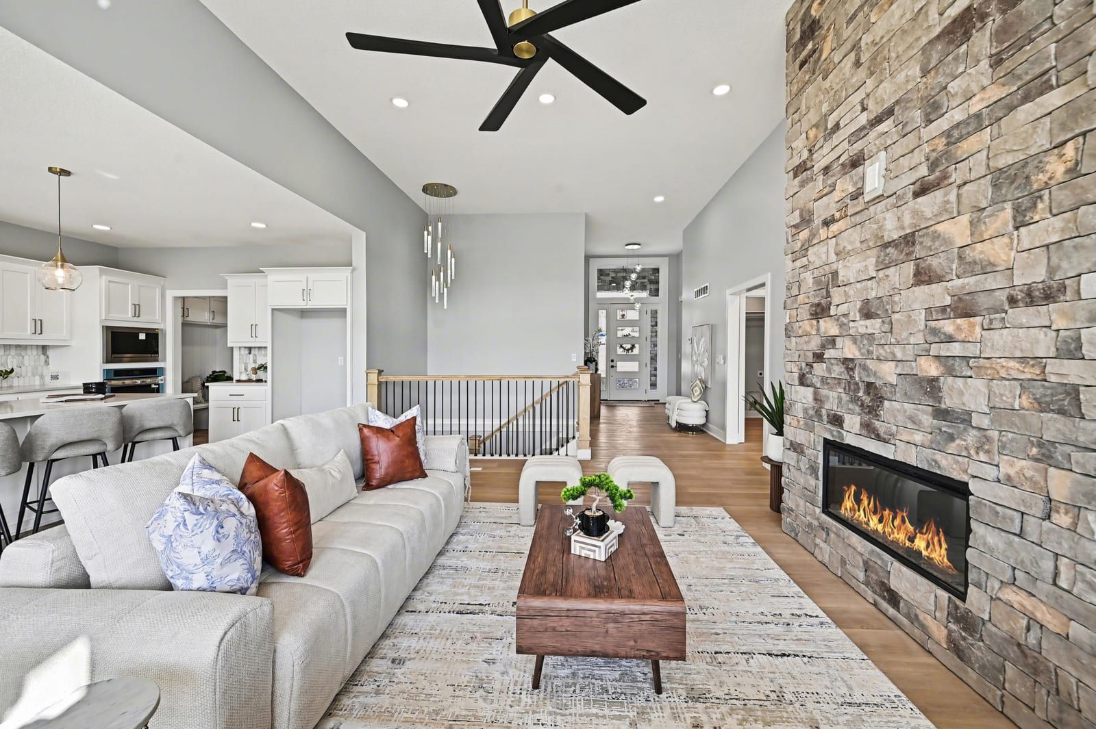 Covered outdoor living space with walkout views